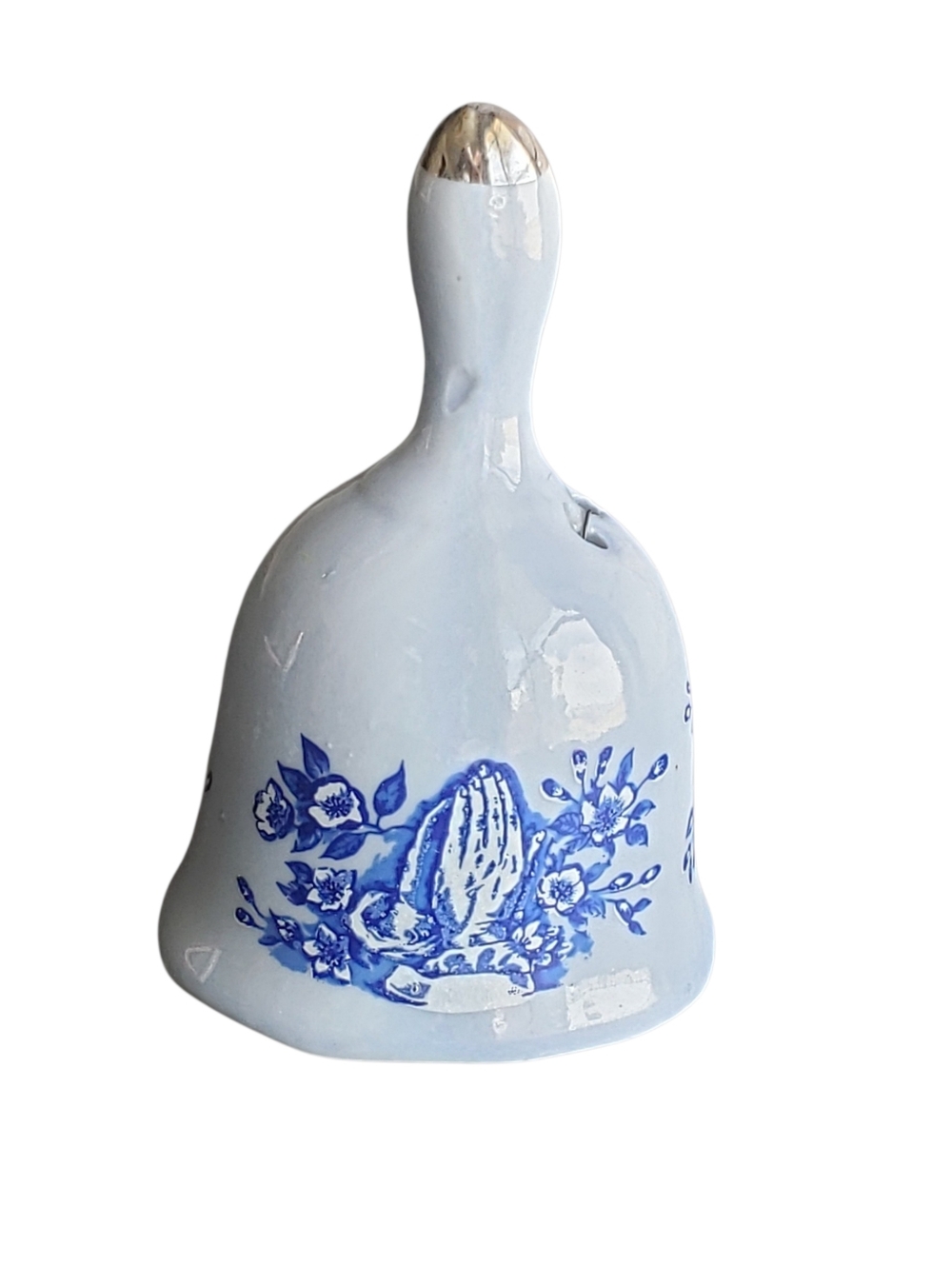 Vintage Small  Blue Ceramic Porcelain Dinner Bell---   "Praying Flowers"
